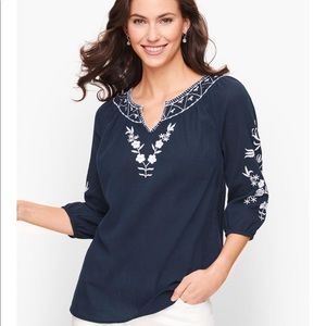 Talbots Navy Gauze Flower Embroidered  Top NWOT